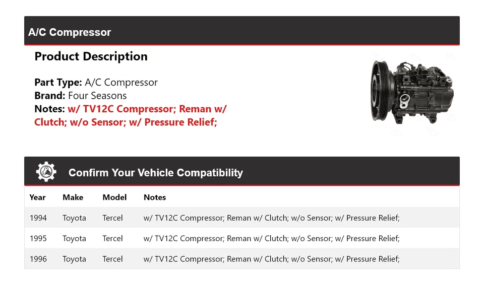 Compresor de aire acondicionado Toyota Tercel 1994-1996 4 estaciones 1995 Foto 2 de 4