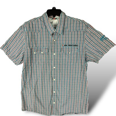 QS by S. Oliver Mens Extra Slim Fit XL S/S Blue & Red Plaid Button Up Shirt EUC