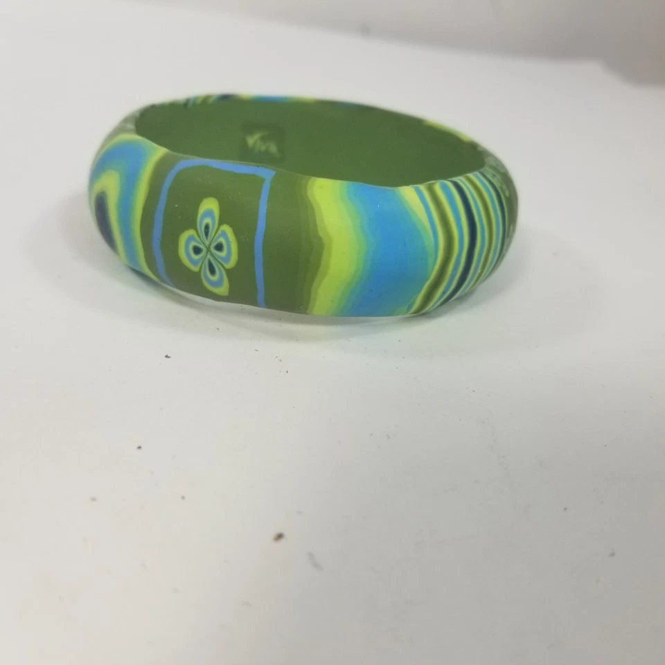 Vintage Dyed Rubber? Bangle Green Blue Yellow Floral Flowers Viva - Image 4 of 4