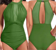 Women One Piece Bathing Suit Swimwear V-Neckline Mesh Ruched Monokini Med. New