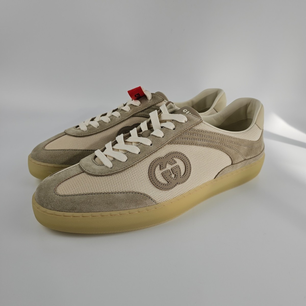 スニーカー GUCCI CAPPUCCINO FABRIC AND SUEDE SNEAKERS GUCCI G75 $920 Men's Oatmeal Beige Suede Sneakers New