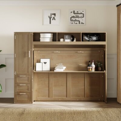 Full Size Murphy Bed Wooden Full Cabinet Bed Wall Bed with Closet Drawer Shelves