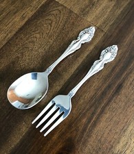 Vintage 1881 Rogers Oneida Ltd Silverplate Baby Fork/Spoon Baroque Rose "R" Mono