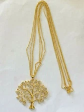 TREE OF LIFE GOLD TONE CUBIC ZIRCONIA THREE STRAND BEAD PENDANT NECKLACE