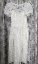 Womens Vtg White Floral Lace Overlay 1980 Puffy Sleeve Formal Prom Wedding Dress