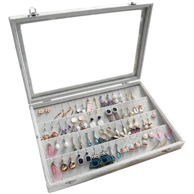 women's jewellery case, storage box with 24 compartments for jewellery, grey.