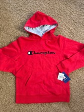 New Champion boys' Size Large Red pullover hoodie with a gray lined hood