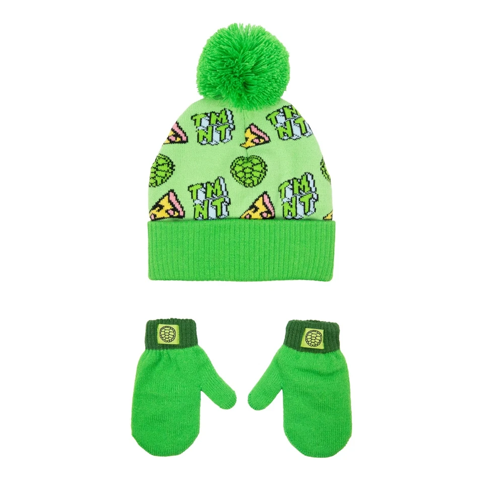 TMNT Toddler Boy's 2pc Green Printed Knit Cuffed Pom Beanie and Mittens Set - Image 2 of 4