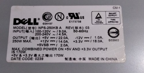 Alimentation PC ATX 250W DELL NPS-250KB A REV 03 ATX 20 + 4 + 6 Molex + 1 Floppy - Afbeelding 2 van 2