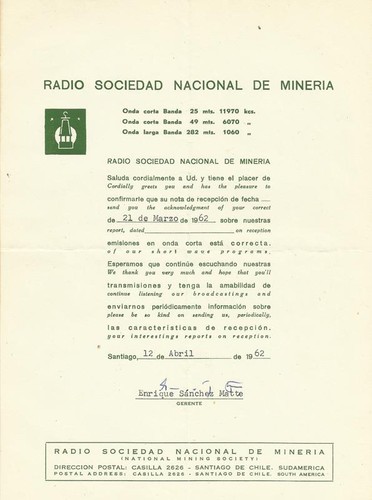 1962 QSL: Radio Sociedad Nacional de Mineria, Santiago, Chile
