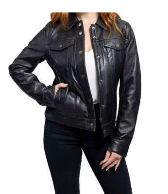 Damen Echtleder Jacke Schwarz Druckknopf Freizeit Trucker Style Outwear