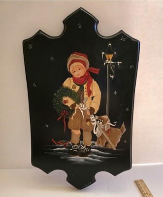Wood Hand Painted Boy & Puppy During Christmas Time Folk Art Wall Decor