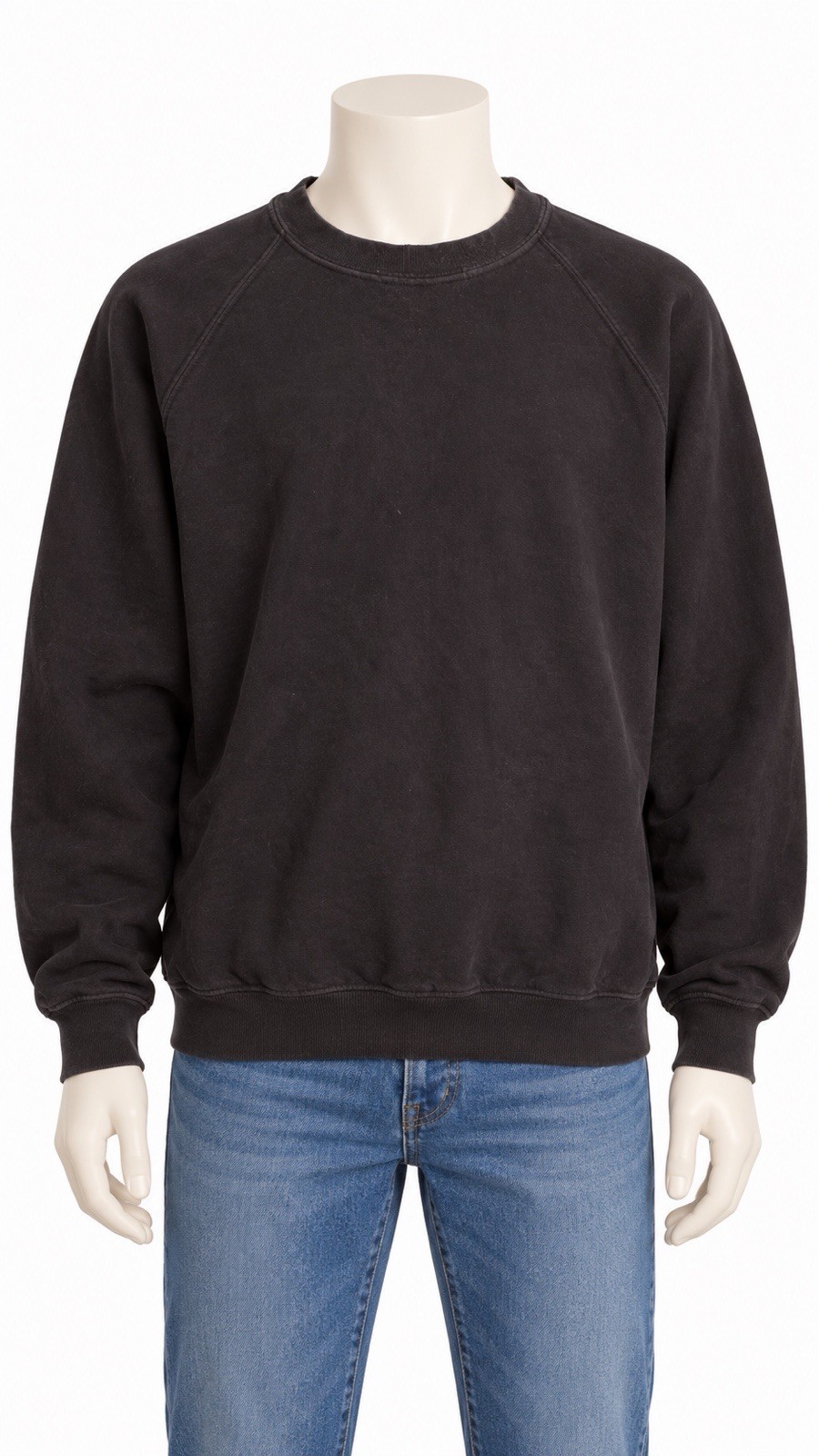 Black crewneck sweatshirt XL with long raglan sleeves, made in USA, worn over a white mannequin in blue jeans.