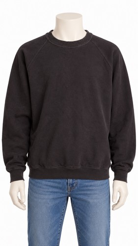 Black crewneck sweatshirt XL with long raglan sleeves, made in USA, worn over a white mannequin in blue jeans.