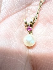 Vtg Krementz Pearl / Gemstone (Ruby?) Necklace Pendant 20”