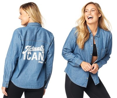 Zumba Game Changer Button Up Shirt - Denim - Large ~ New! Free Ship!