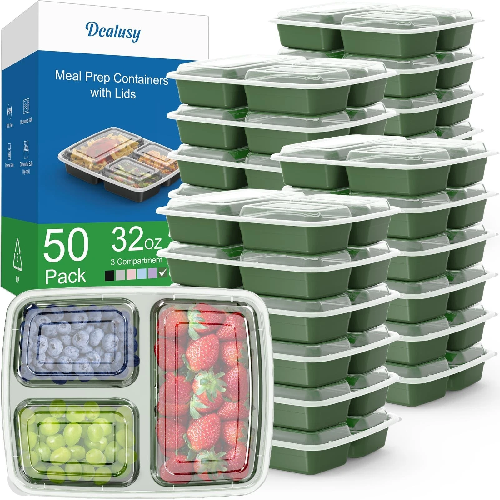 50 Pack 32 oz Meal Prep Containers - 3-Compartment, Reusable, Leakproof, Microwa