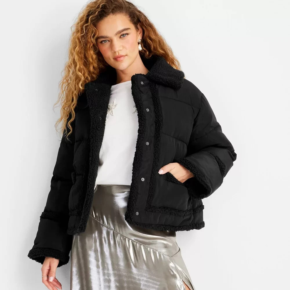 Future Collective Women's Shearling Trim Button-Front Puffer