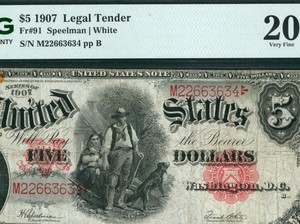 $5 1907 United States Note ** Legal Tender ** Woodchopper ** ((PMG - 20))