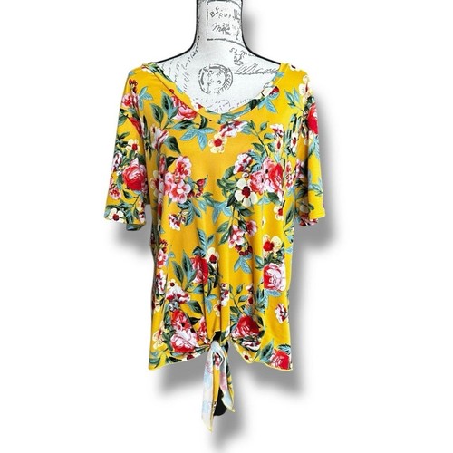 Simply Irresistible Women's Plus Bright Yellow Floral V-Neck Knot Hem Shirt 2XL - Picture 2 of 5