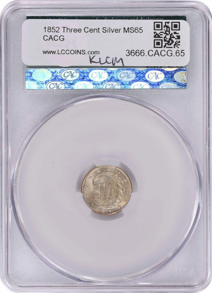 1852 Three Cent Silver MS65 CACG - Image 2 of 4