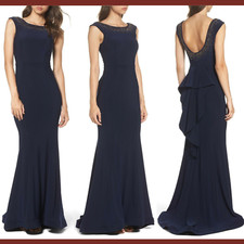 NEW XSCAPE PETITE 8P Beaded Ruffle Back Jersey Trumpet Gown in Navy Blue G64