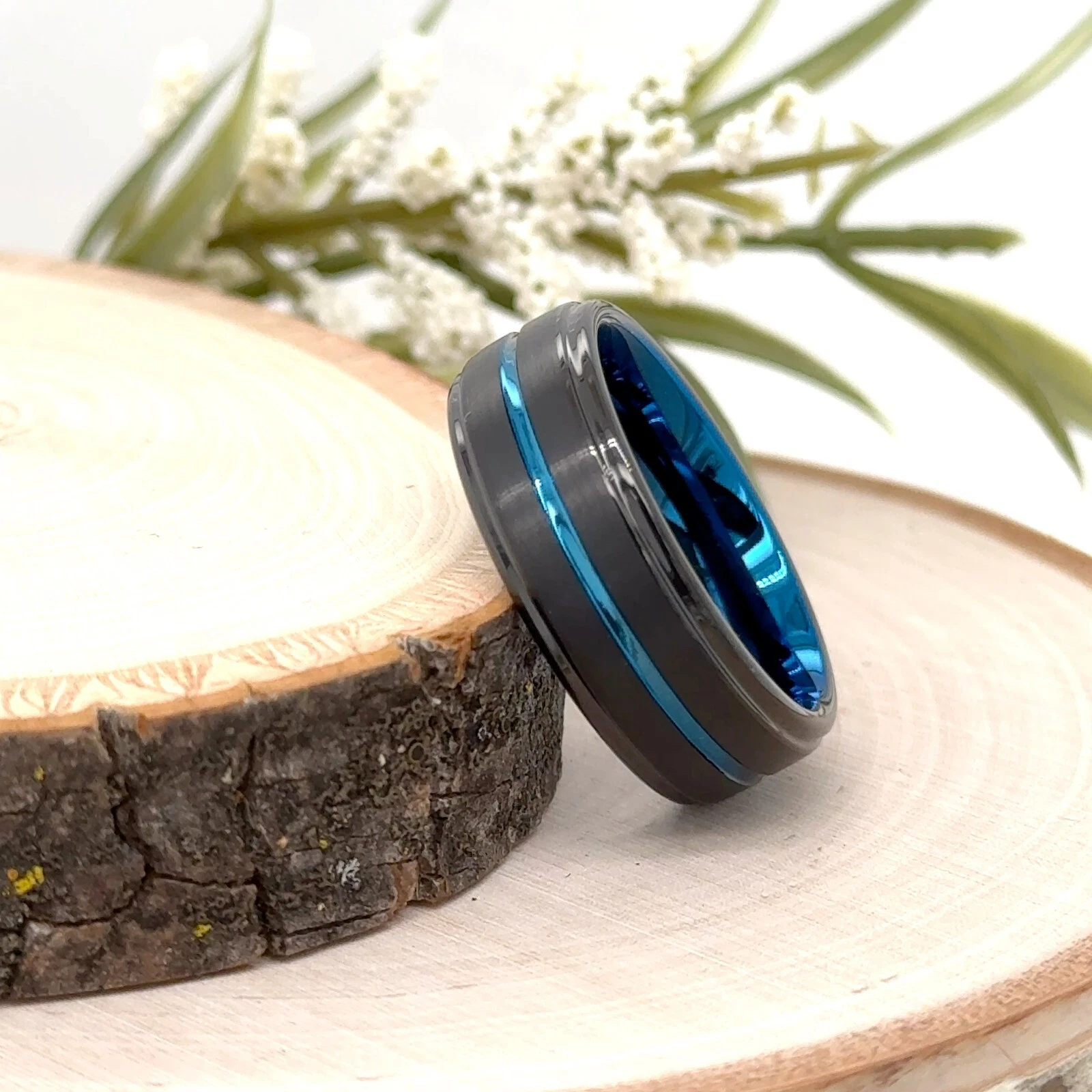 8mm Blue & Black Tungsten Wedding Ring Brushed Grooved Center Design Band