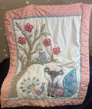 Levtex Puffy Baby Blanket / Fox & Peacock / Embroidered / Pink Blue White & Grey