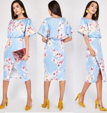 Light Blue Multi Floral Bloom Scuba Bodycon Midi Pencil Wiggle Dress UK 6