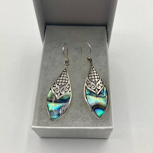 925 Sterling Silver and Abalone Teardrop Dangle Earrings 1-3/4" with Gift Box