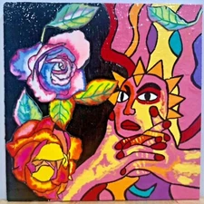 Original Outsider/Visionary/Folk Art Piece On Wood: Portrait In Pink - 12"x12" 