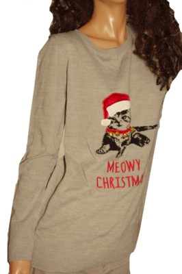 Womens Kitty Kitten CAT Jingle Bells Santa UGLY Christmas Sweater Party M L NEW