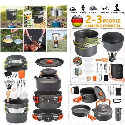 Camping Kochgeschirr 2-3 Person Outdoor-Töpfe Bratpfanne Teekannen Kettle Kit