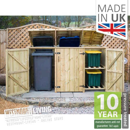 WOODEN WHEELIE BIN STORE TRIPLE DOUBLE QUAD RECYCLE RUBBISH BINS