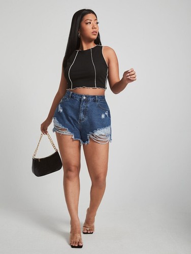 Raw Hem Ripped Denim Shorts, 0XL 