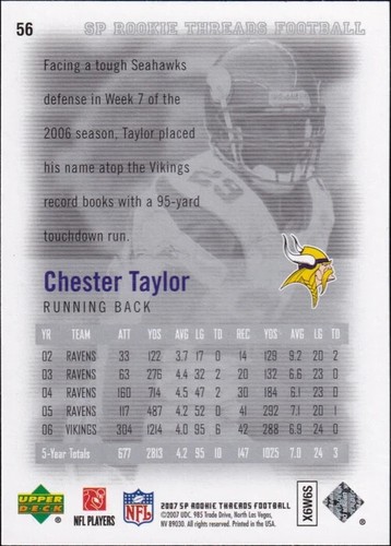2007 SP Rookie Threads #56 - Chester Taylor - Picture 2 of 2