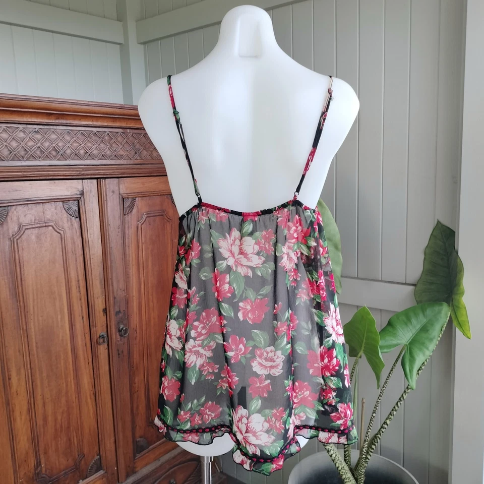 Forever 21 Womens Babydoll Cami Tank Top Womens Black Floral Sheer Size S - image 2 of 4