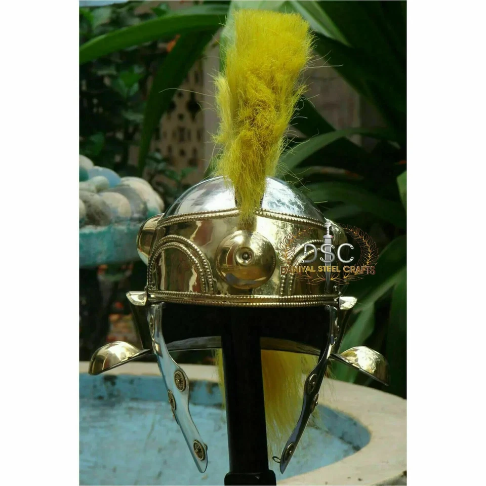 Medieval Witcham Gravel Roman Design Knight Brass Helmet with yellow Color plum - Image 2 of 4