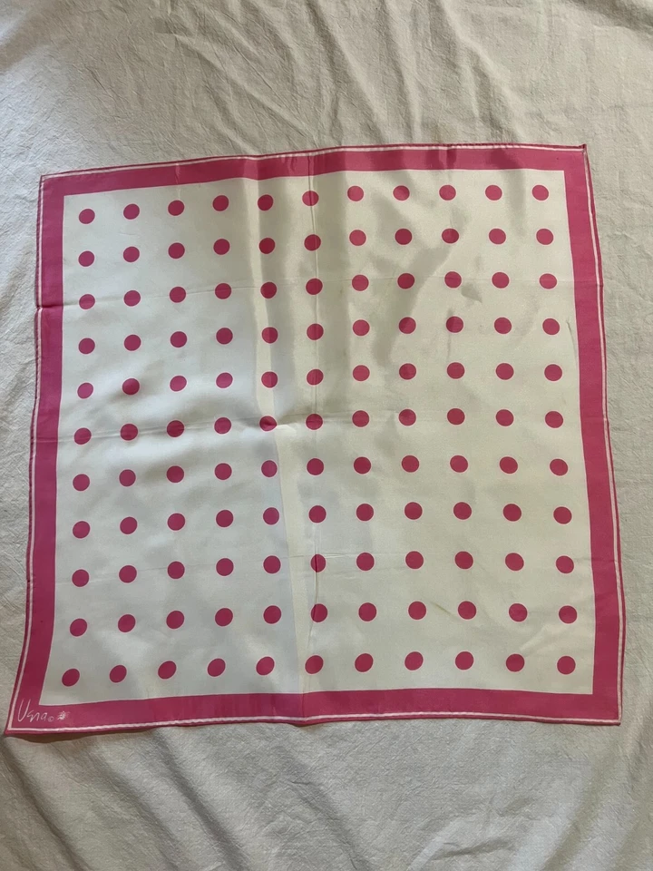 Винтажный шарф на шею Vera белый розовый горошек ацетат 23 x 23 дюйма Япония - Изображение 2 из 4