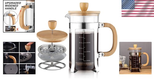 Elegante caffettiera pressa francese 34 oz con coperchio in bambù e struttura in acciaio inox - Foto 2 di 10