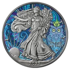 2021 1 Oz Silver $1 Spirit Animals OWL EAGLE Colored Antique Finish Coin.