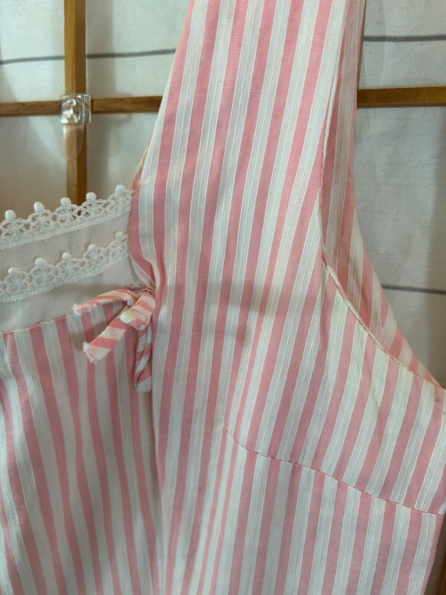 VTG Handmade Pink White Dress Seersucker Stripes Lace Trim
