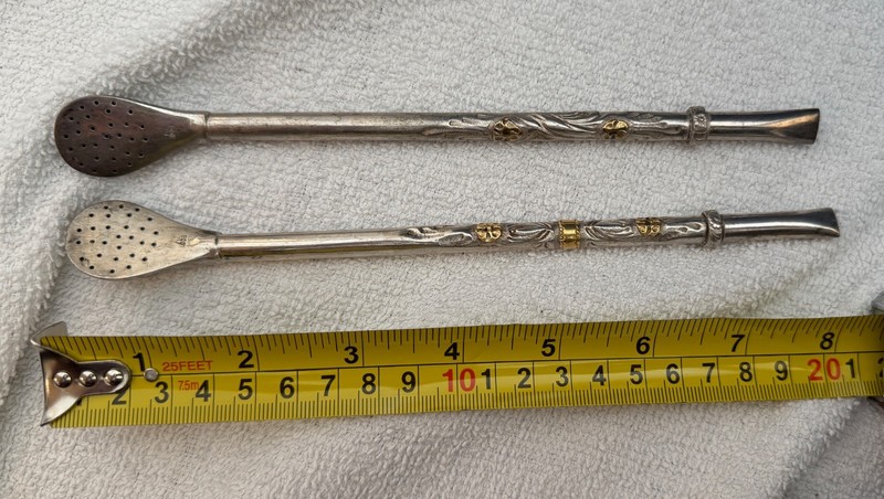 Two (2) Silver and likely bit of gold .900 silver mate drinking straw spoons