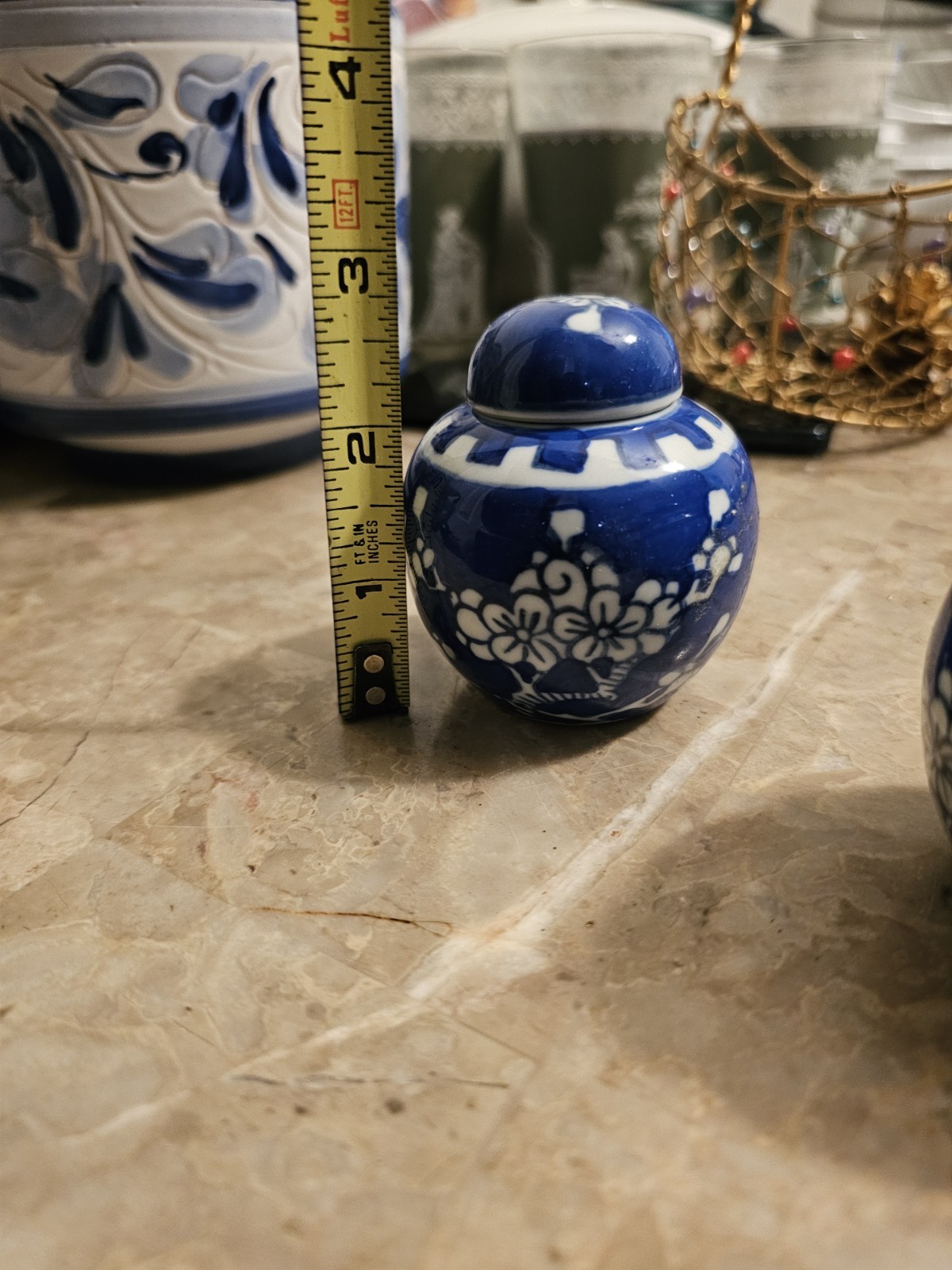 Vintage Mini Blue & White Ginger Jar Prunus Cherry Blossom Chinoiserie.