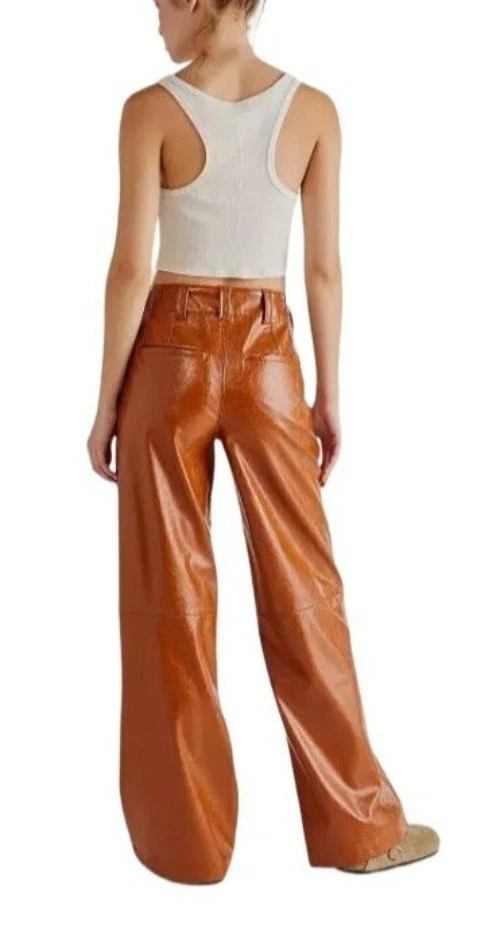 Pantalones Free People Marrón Imitación Cuero Pierna Ancha Mujer Talla 12 Tiro Alto Boho Chic Foto 2 de 4