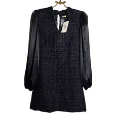 THML Womens Black Metallic Tweed Mini Dress Long Satin Puff Sleeve XS WCT2726-BK
