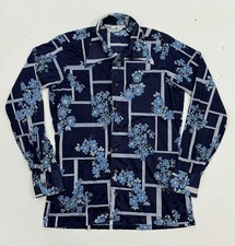 VTG Prince Igor 70s Disco Shirt Mens M Blue Floral Acetate Nylon Dagger Collar