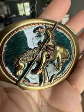 End Of The Trail Belt Buckle Brass Green Enamel 1980s Indian Horse Made In USA