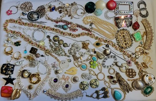 Huge Lot of Vintage Costume Jewelry 2lbs. Rhinestones, Single Earrings, Pins Etc