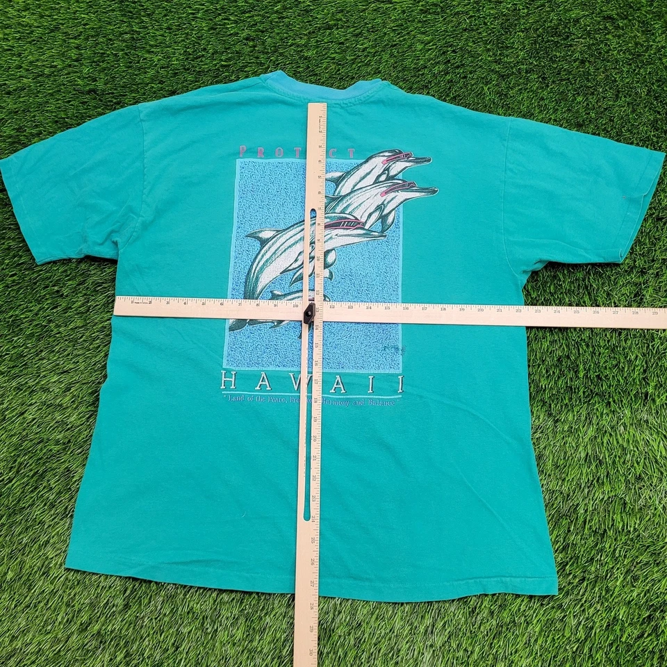Vintage 90s Hawaii Dolphin Shirt Large 22x27 Blue Green Hawaiian - Image 3 of 4